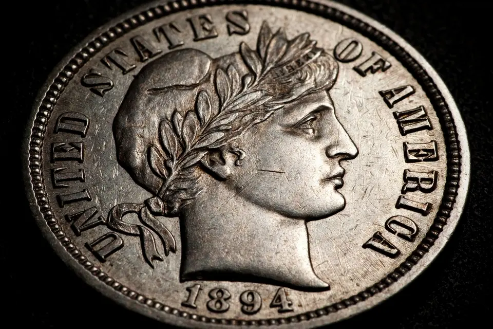 1894-S dime value — extreme macro of an 1894-S Barber dime obverse