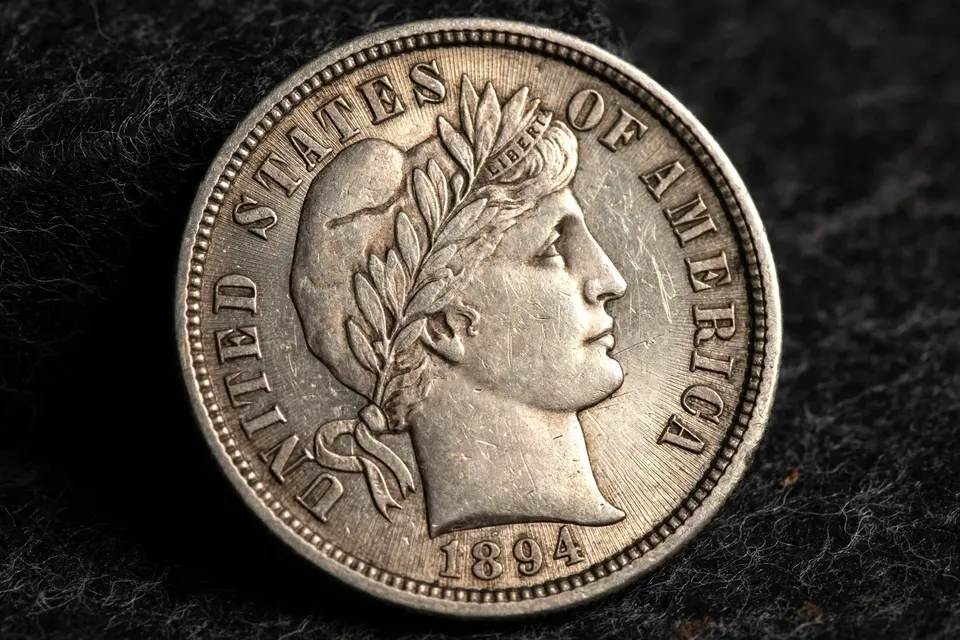 1894-S Barber dime obverse close-up — Liberty head portrait with date 1894