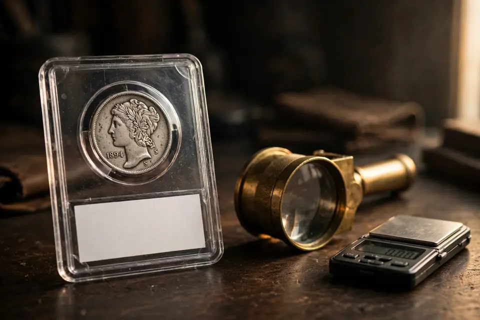 graded 1894-S Barber dime in holder with loupe and scale — coin grading tools