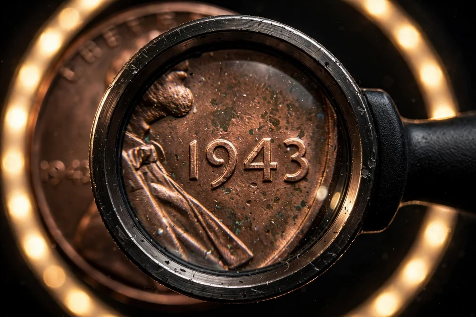 1943 penny date under a magnifying loupe