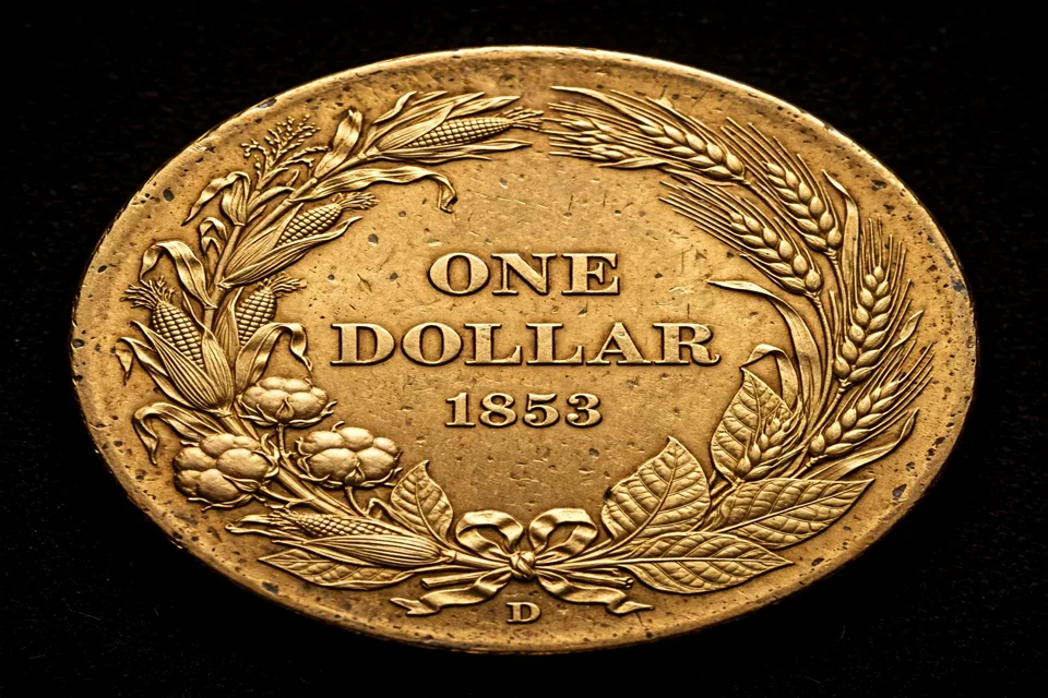 Gold dollar reverse with agricultural wreath around ONE DOLLAR and the date — the mint mark sits below the wreath on branch-mint issues