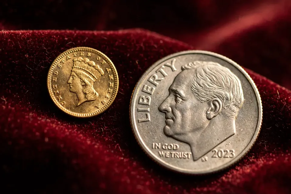 A tiny 13mm gold dollar next to a Roosevelt dime for scale — America’s smallest regular-issue gold coin