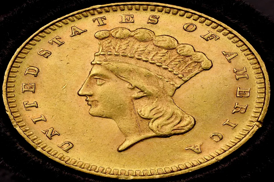 Type 3 Indian Princess gold dollar obverse — the 1856–1889 large-head design, the most available gold dollar type