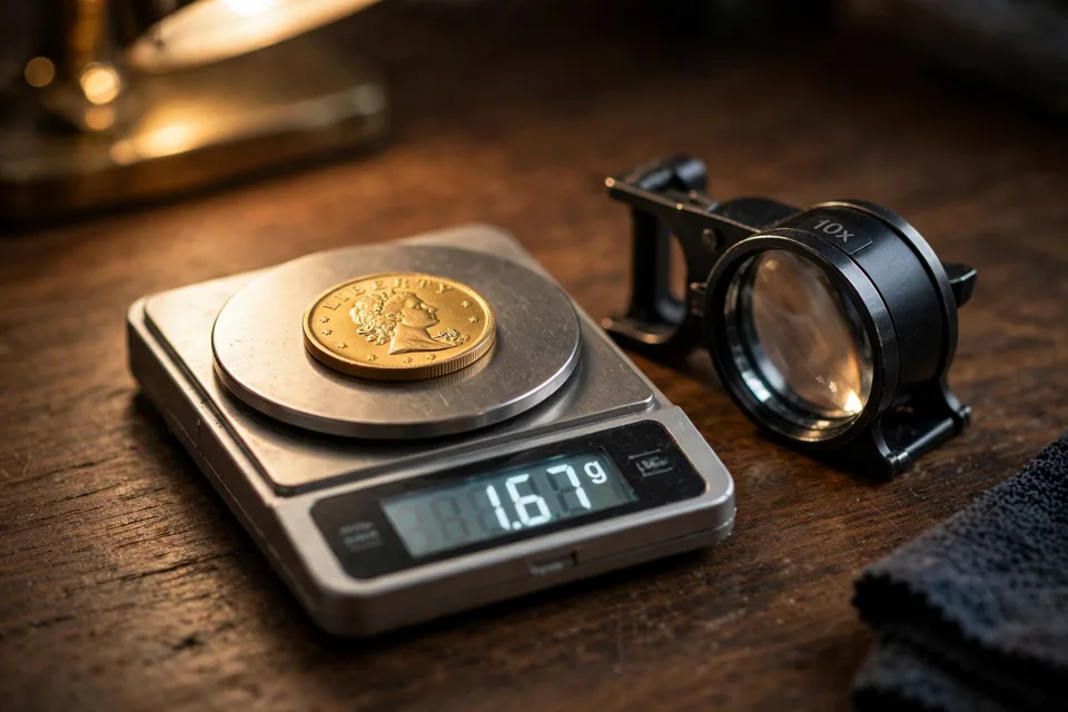 Gold dollar on a precision jeweler’s scale reading 1.67 grams — weight is the fastest authenticity check