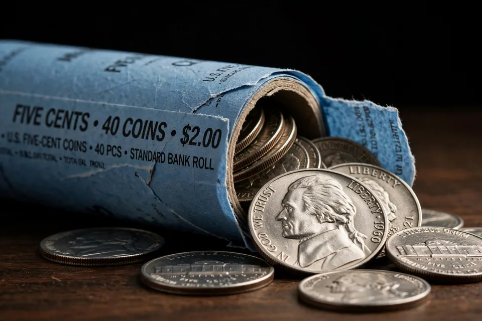 Blue paper-wrapped bank roll of U.S. nickels labeled 40 coins $2.00 with Jefferson nickels spilling out