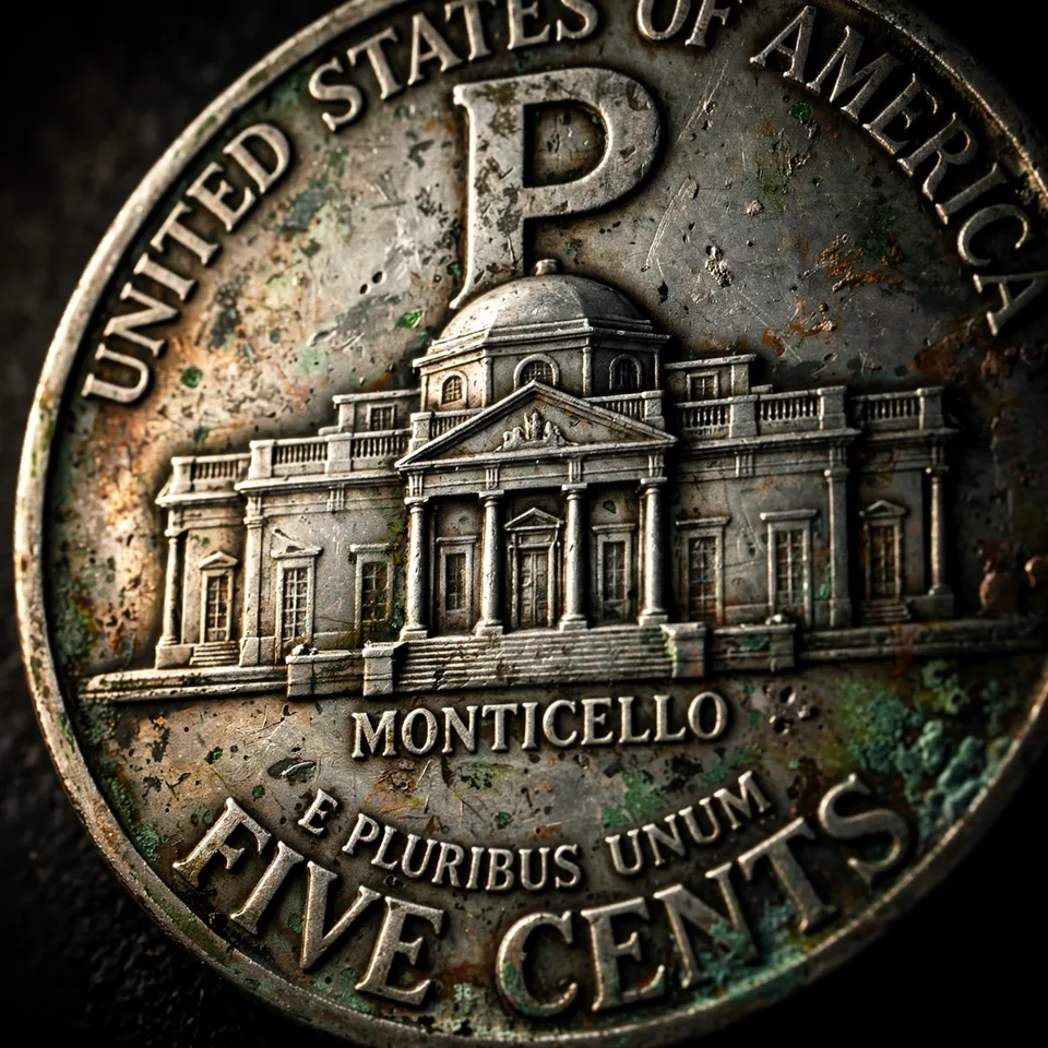 Macro photograph of a silver war nickel reverse showing the large wartime mint mark above Monticello