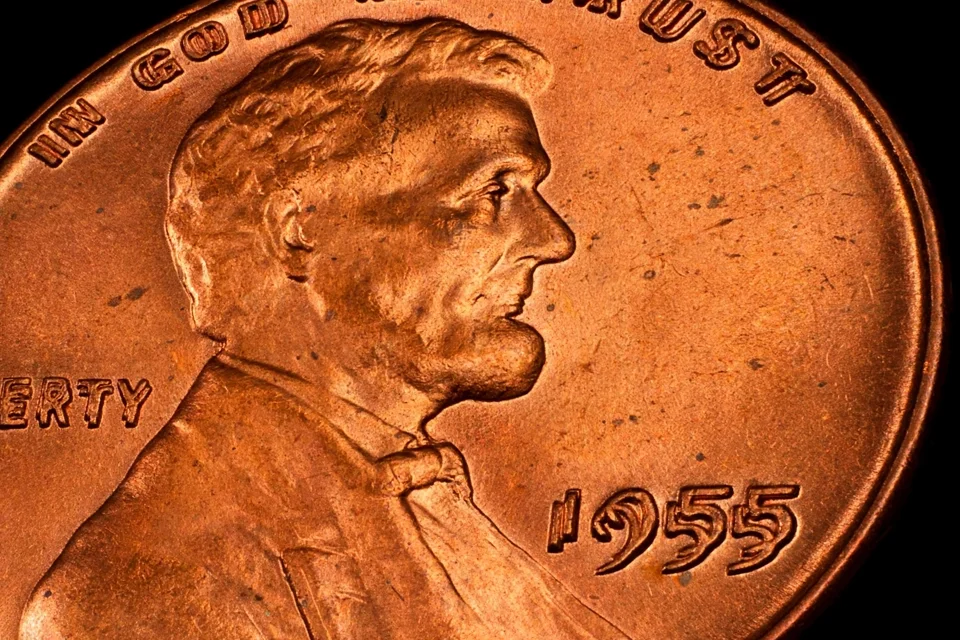 1955 Lincoln cent obverse with doubled-die doubling on the date and LIBERTY — wheat penny errors worth $1,000+