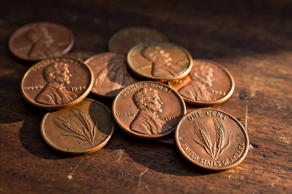 Scattered vintage Lincoln wheat pennies on walnut wood — most circulated wheat cents are worth 3–10 cents