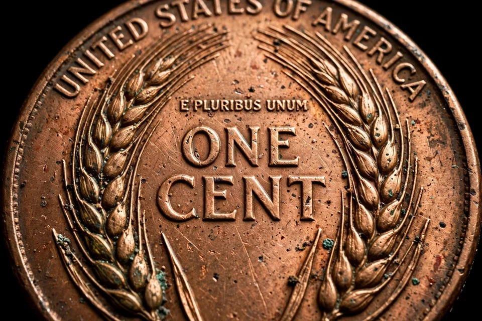 Lincoln wheat penny reverse with two durum wheat stalks flanking ONE CENT — the 1909–1958 wheat cent design