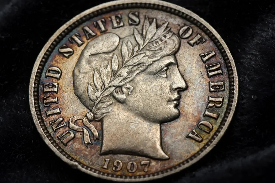 how much is a Barber dime worth — 1907 Barber dime obverse with the Liberty head portrait, laurel wreath cap, and 1907 date