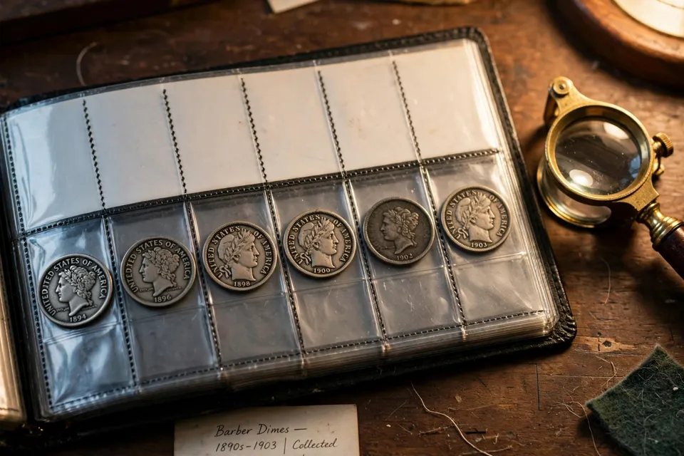 Barber dimes in a collector album page with a brass magnifying loupe — check the mint mark before you spend one
