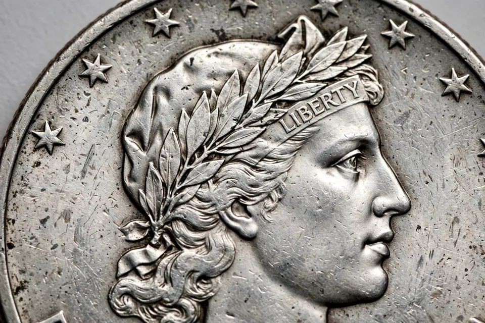 Barber half dollar obverse close-up — the LIBERTY lettering in the headband above Liberty's forehead, the key grading check