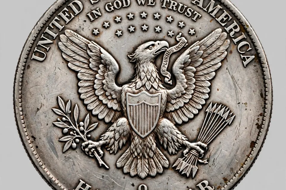 Barber half dollar reverse close-up — heraldic eagle with shield, IN GOD WE TRUST above, HALF DOLLAR below, and the O mint mark above DO in DOLLAR