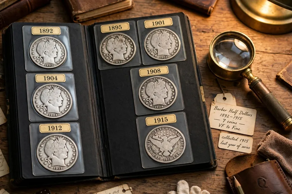 Barber half dollars from 1892 to 1915 in a collector album page with a brass magnifying loupe — check the mint mark before you spend one