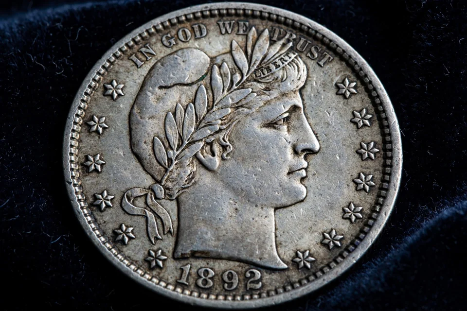 how much is a Barber quarter worth — 1892 Barber quarter obverse with the Liberty head portrait, laurel wreath cap, and 1892 date