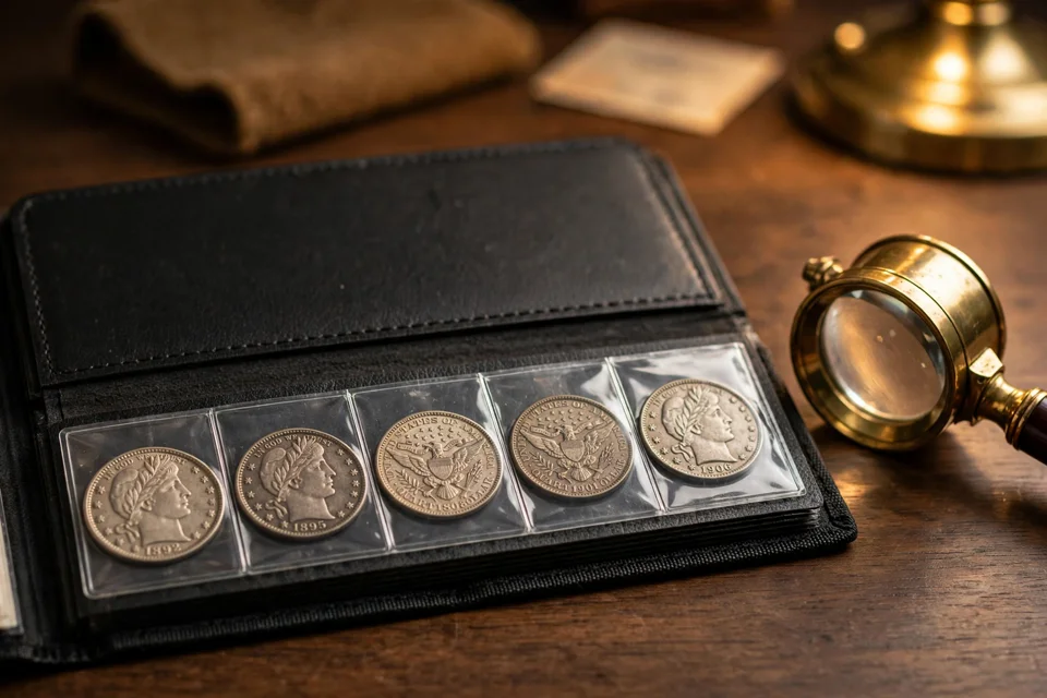 Barber quarters in a collector album page with a brass magnifying loupe — check the mint mark before you spend one