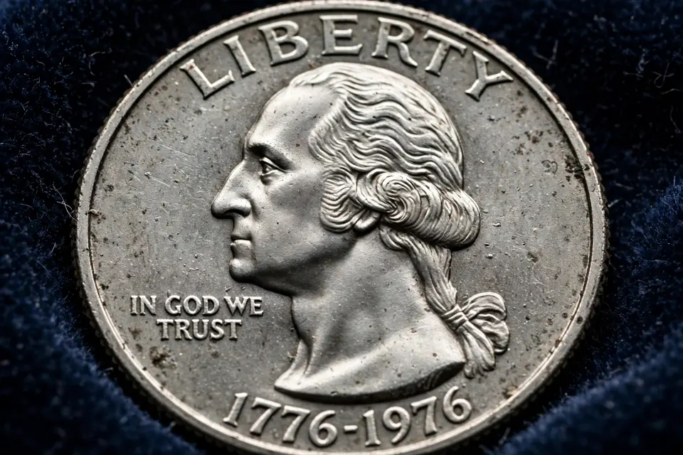 Bicentennial quarter obverse close-up — Washington portrait with the dual date 1776-1976 below the bust