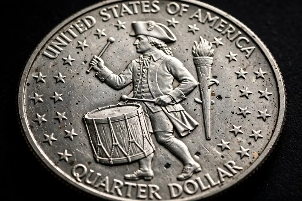 Bicentennial quarter reverse close-up — colonial drummer boy with drum, torch, and 13 stars