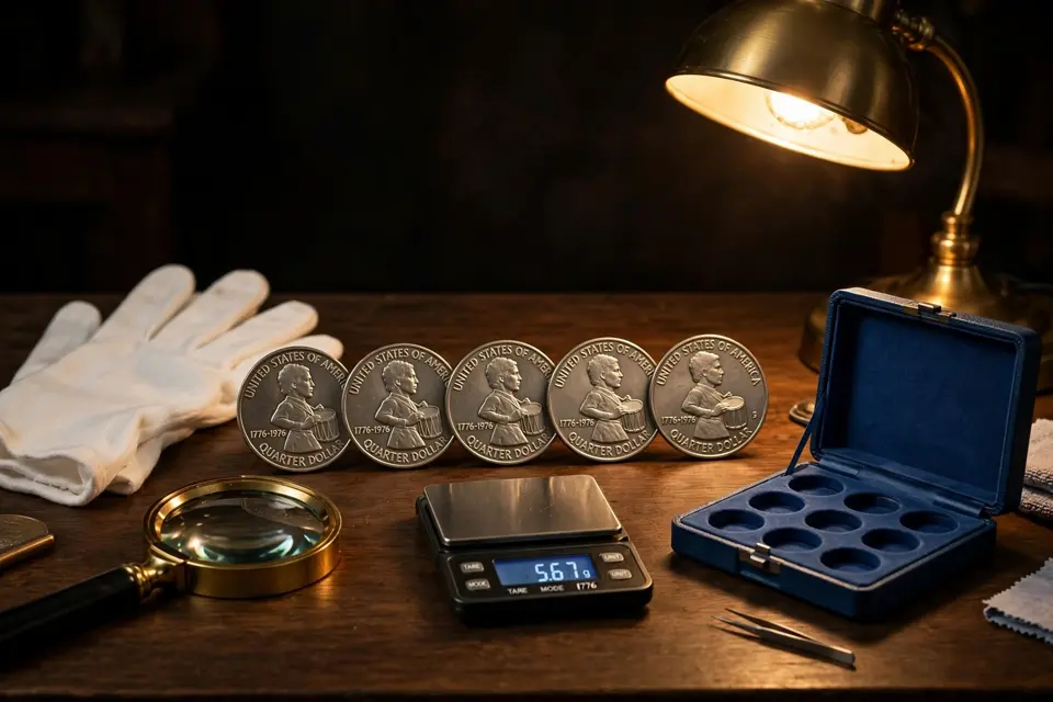 collector desk with 1976 Bicentennial quarters, magnifier, gloves, digital scale, and a blue proof set case