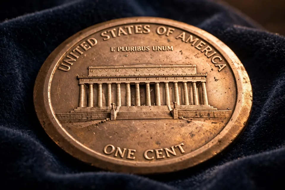 broadstruck Lincoln Memorial cent reverse with full design and a thin spread rim from striking outside the collar