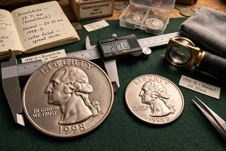 digital caliper measuring a broadstruck Washington quarter beside a normal quarter, showing the larger broadstrike diameter