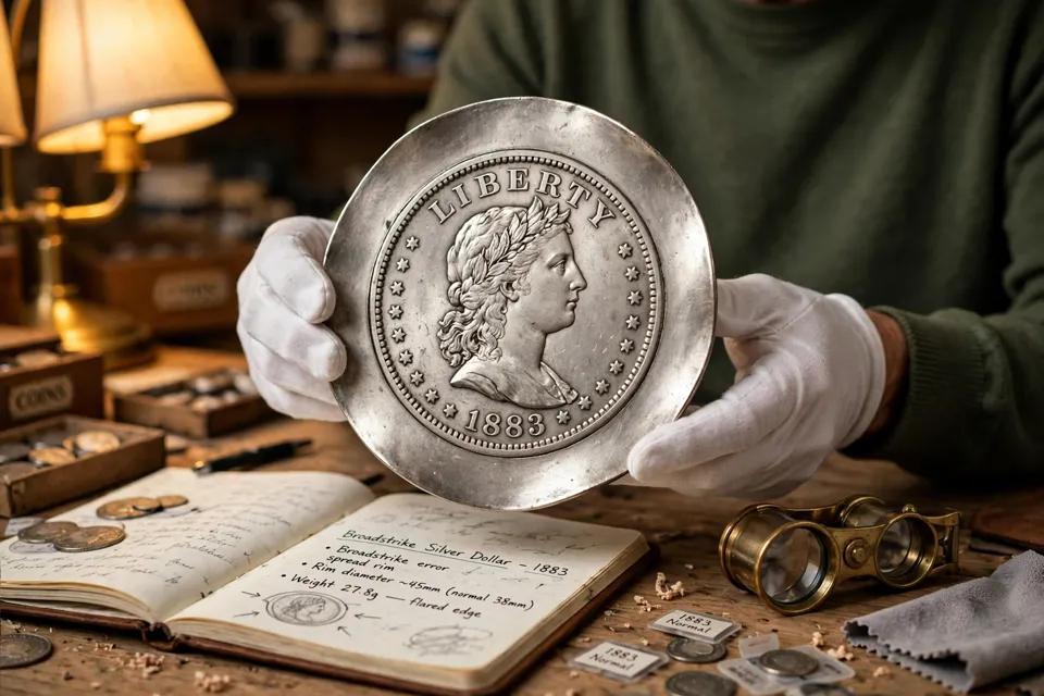 collector in cotton gloves holding an oversized broadstruck silver dollar at a desk with a loupe and notebook