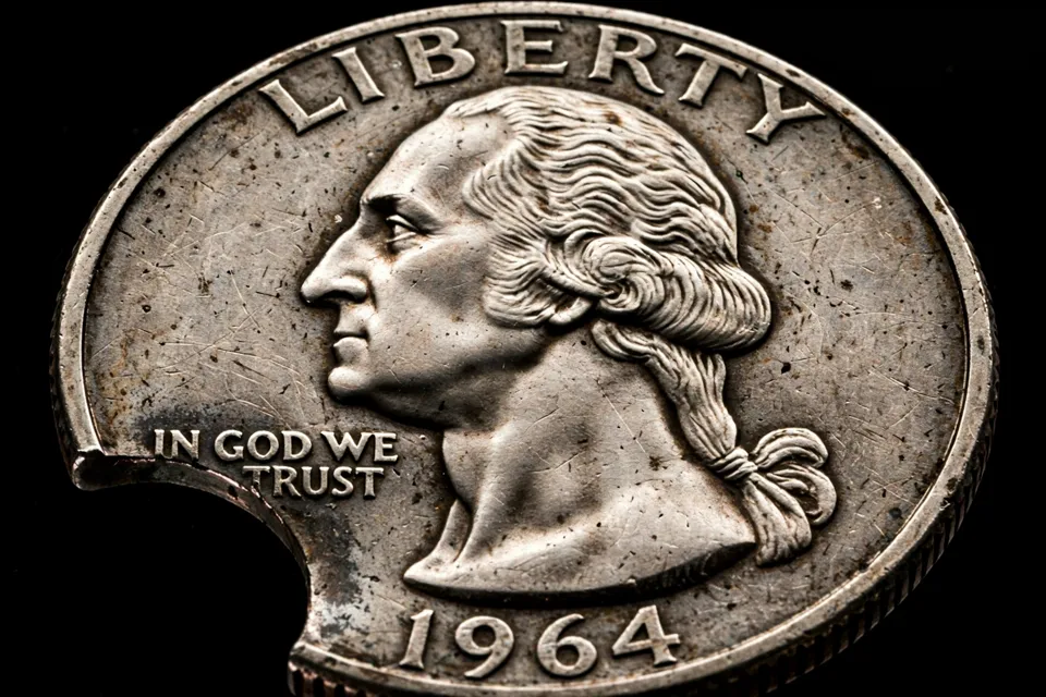 1964 Washington quarter obverse with a curved clipped planchet error, a crescent bite missing from the lower left rim