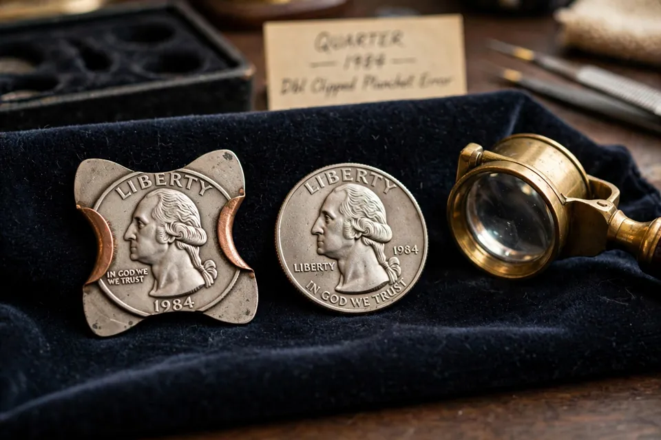 Bowtie double-clipped 1984 Washington quarter beside a normal quarter and a brass loupe on dark velvet