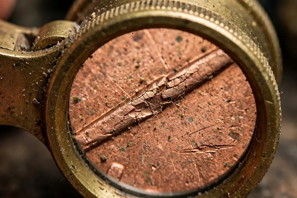Brass loupe magnifying a raised die crack ridge on a copper coin surface