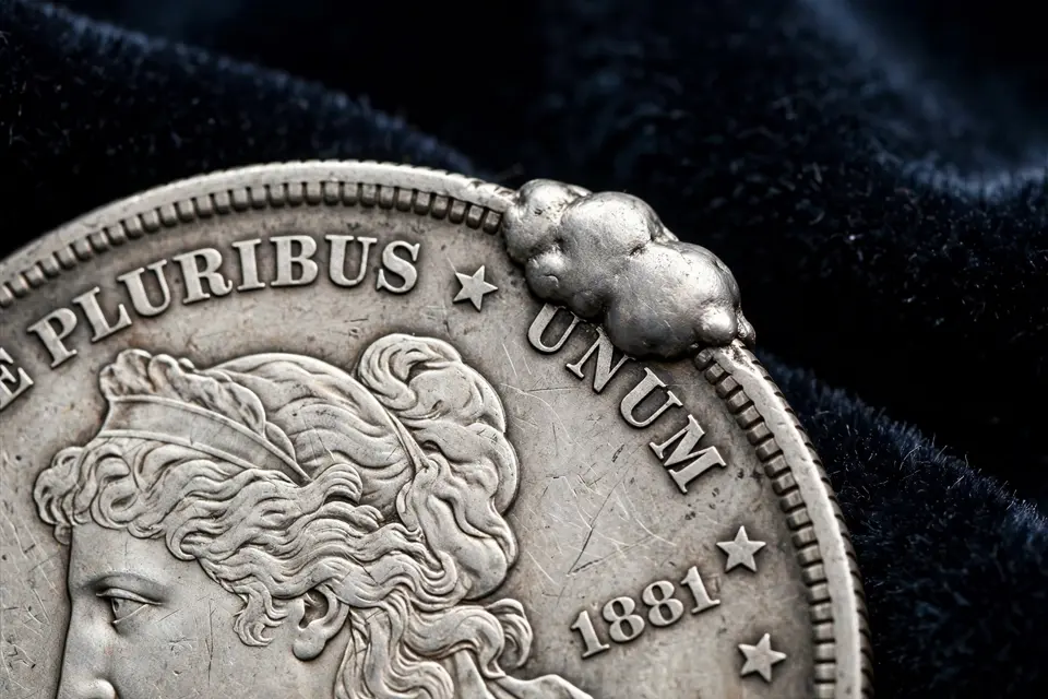 Silver dollar rim with a large raised cud blob where the die broke away at the edge