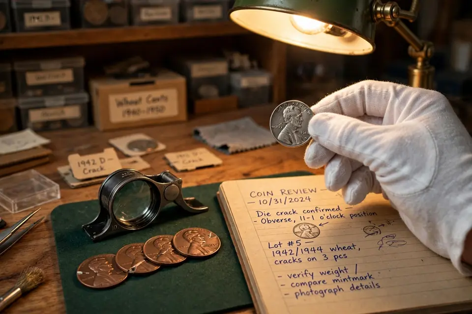 Collector in cotton gloves holding a die crack coin at a desk with a loupe and notebook