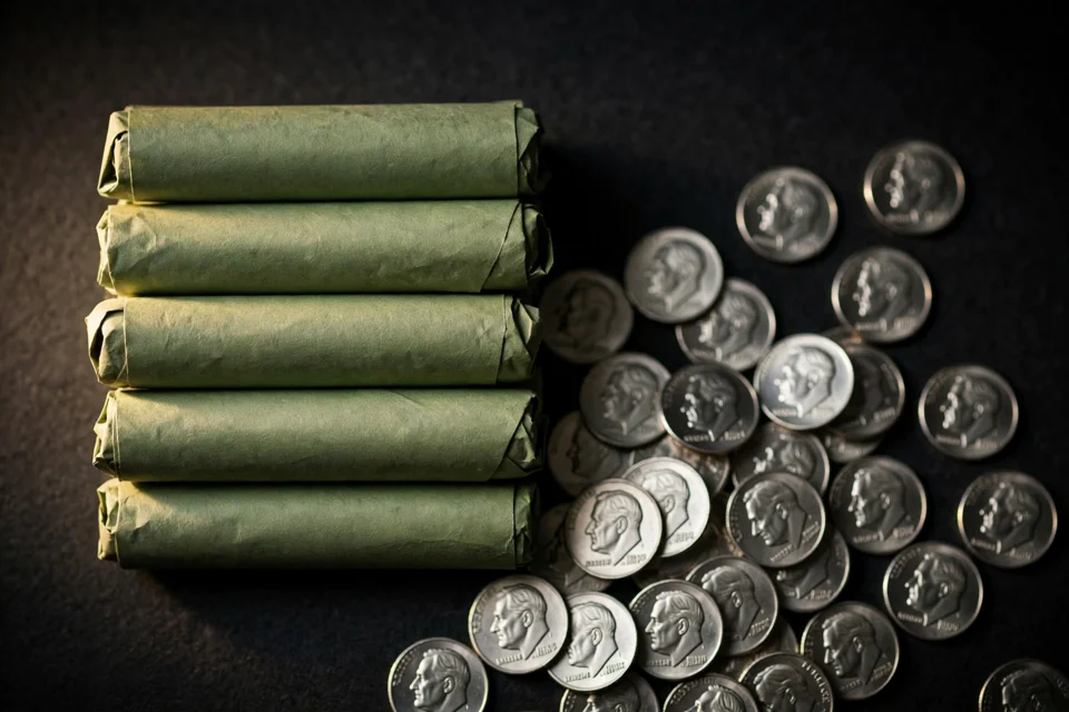 how many dimes in a roll — bank-wrapped rolls of dimes with green paper wrappers beside a pile of Roosevelt dimes