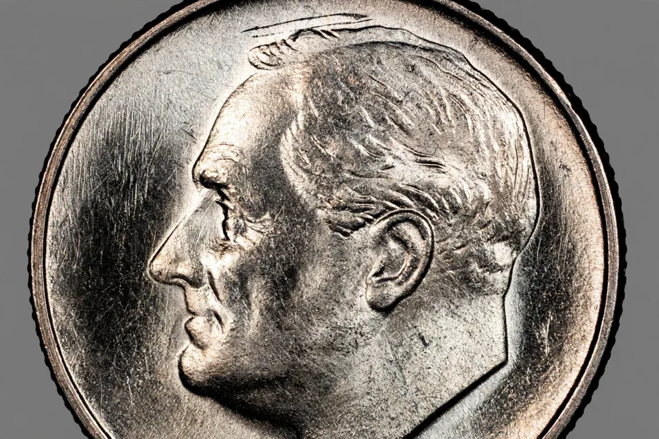 Roosevelt dime obverse close-up showing the Franklin D. Roosevelt portrait