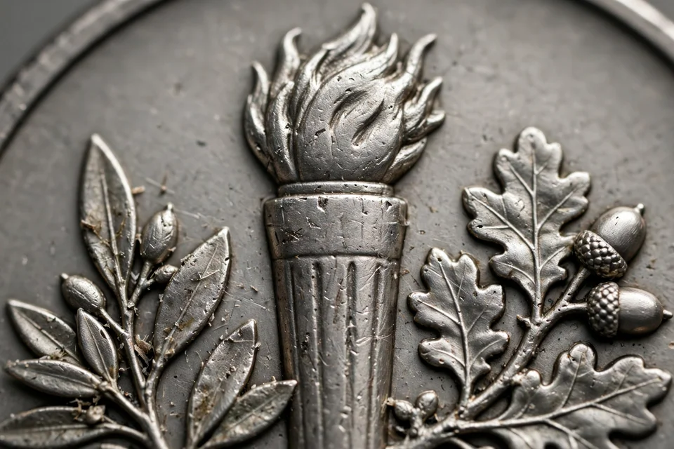Roosevelt dime reverse close-up showing the flaming torch with olive and oak branches