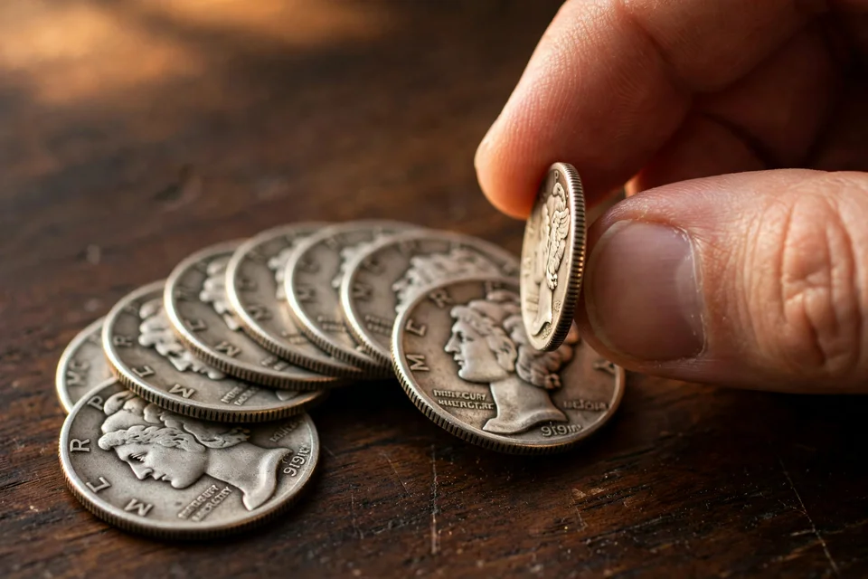 Mercury dimes with solid silver reeded edges — what silver dime roll finds look like