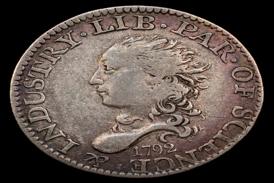 1792 half disme value — obverse of the 1792 half disme silver coin showing Liberty and the 1792 date
