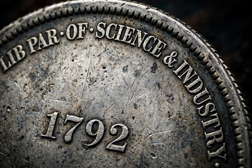 Close-up of the 1792 date and LIB PAR OF SCIENCE & INDUSTRY legend on a 1792 half disme
