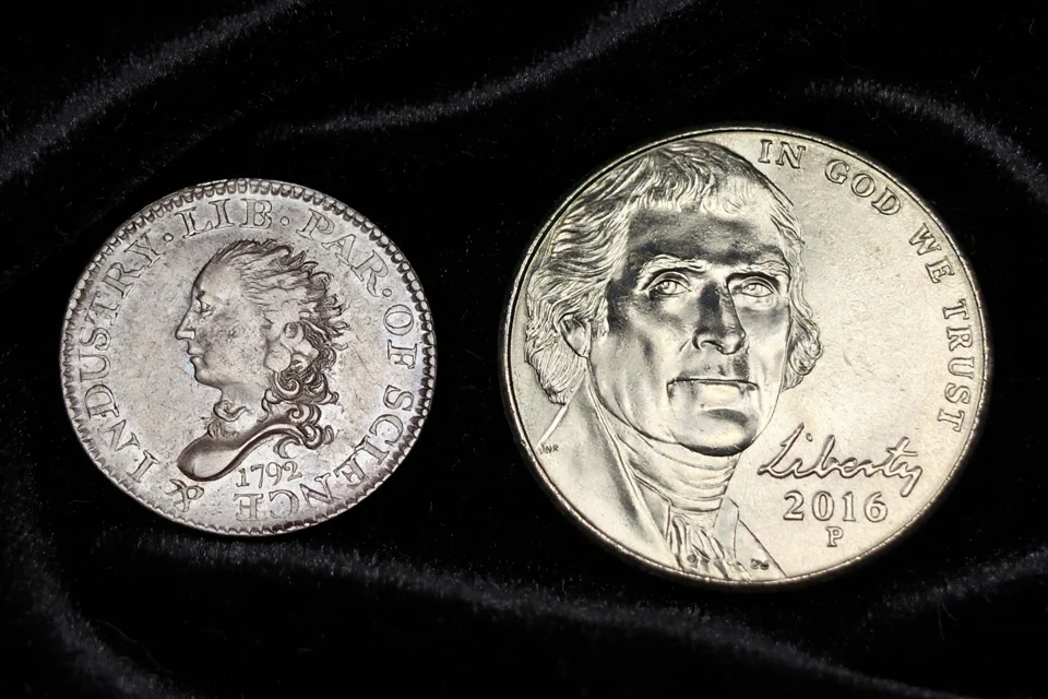 1792 half disme size comparison next to a modern US nickel