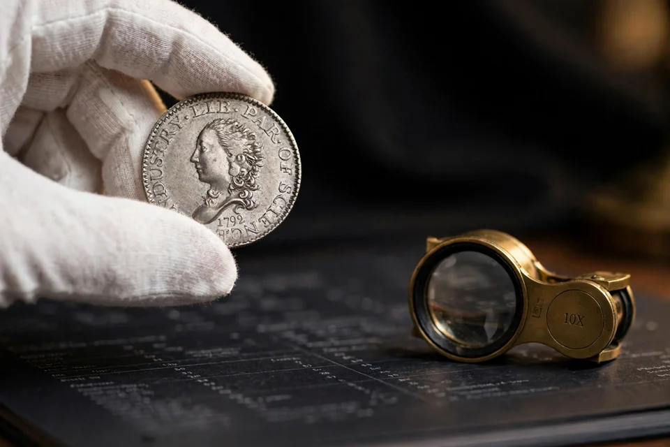 1792 half disme examined with cotton gloves and magnifying loupe before auction