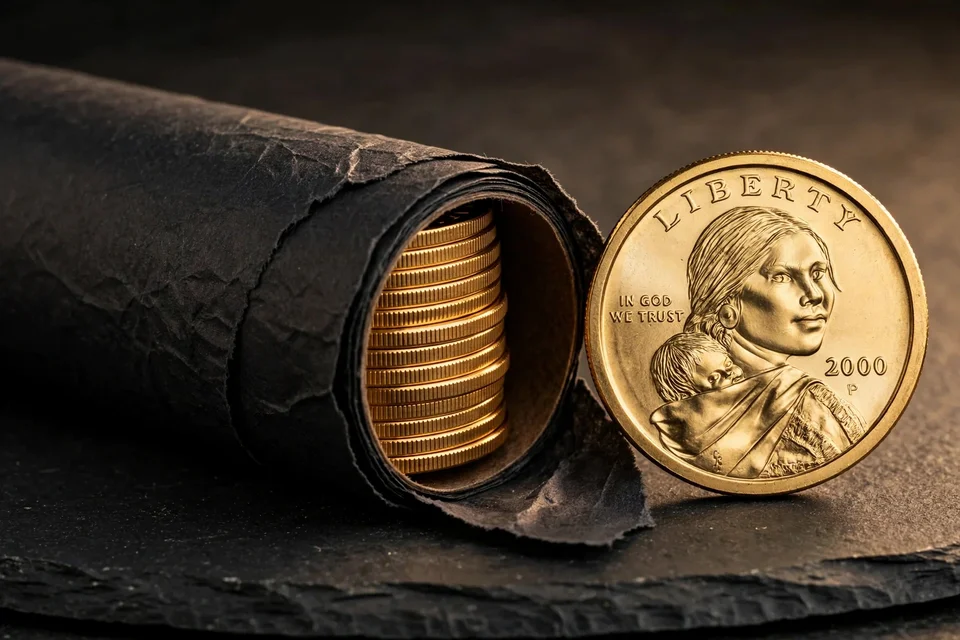 how many dollars in a roll — black-wrapped roll of golden dollar coins beside a loose Sacagawea dollar