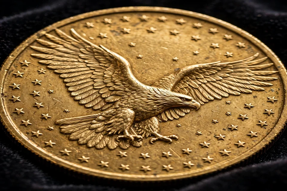 golden dollar reverse close-up — eagle in flight with stars