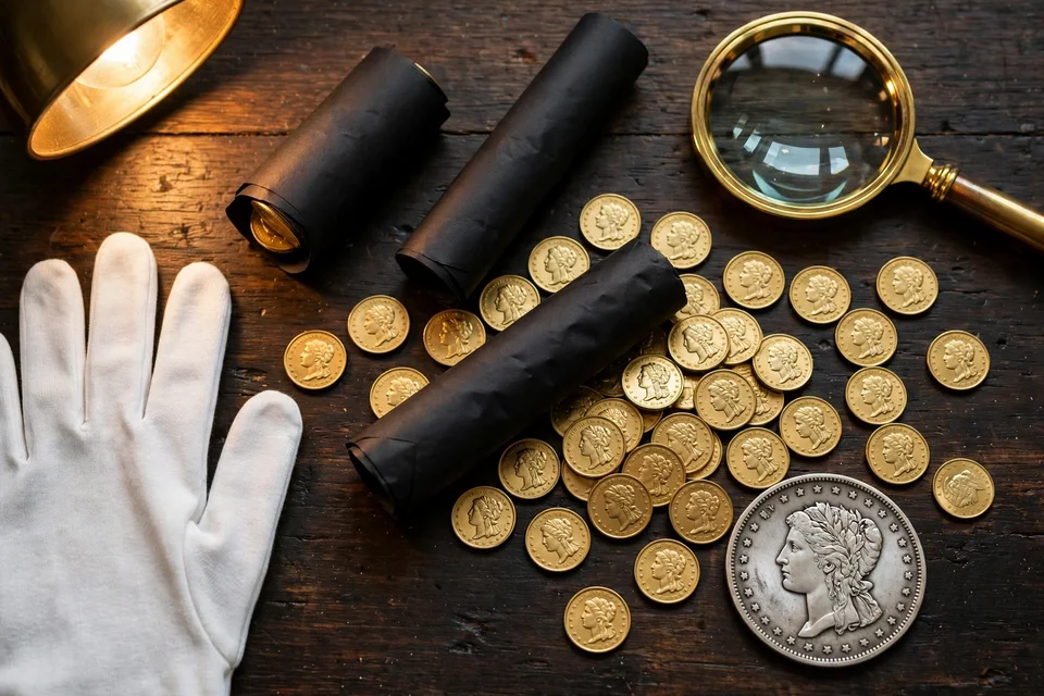 collector desk with black dollar rolls, magnifier, gloves, golden dollar coins and a large silver Morgan dollar