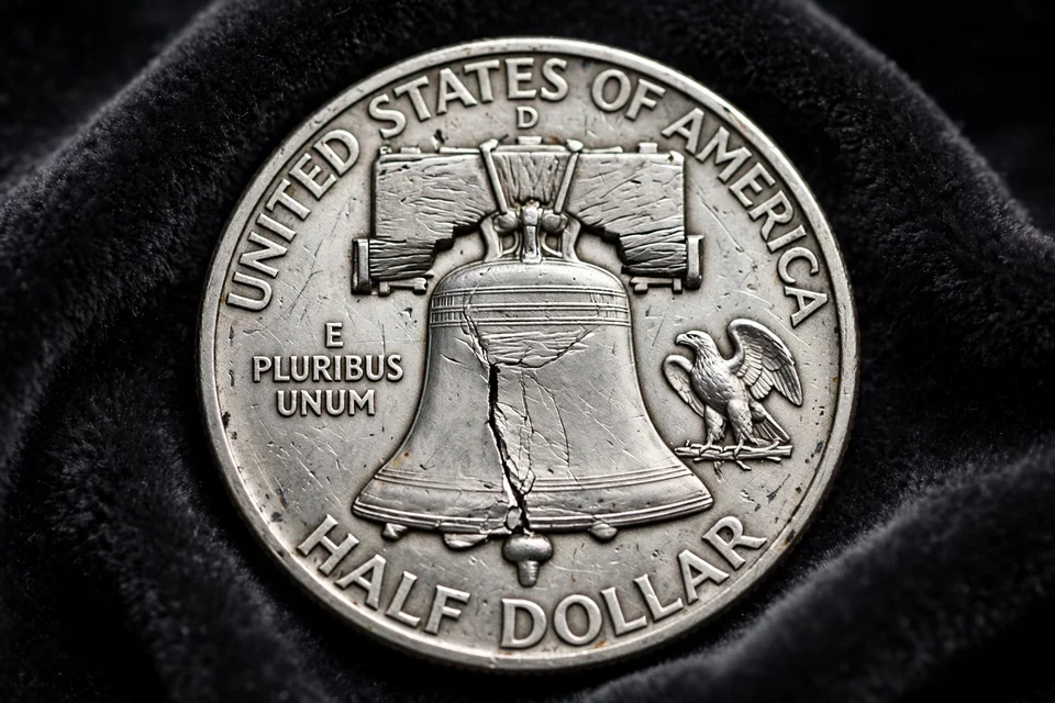Franklin half dollar reverse close-up — Liberty Bell with a small eagle to the right and HALF DOLLAR legend