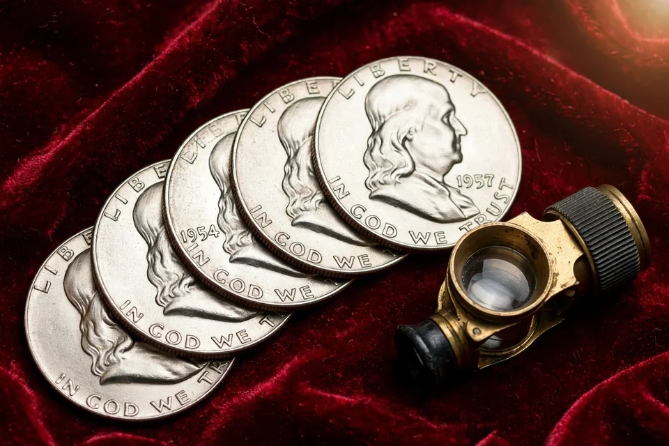 Franklin half dollars fanned on red velvet with a brass loupe — Liberty obverses of several dates