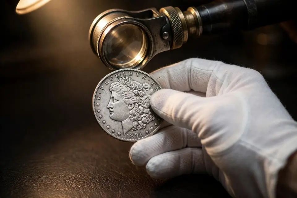 how to grade a coin — collector grading a Morgan silver dollar with a jewellers loupe in white cotton gloves