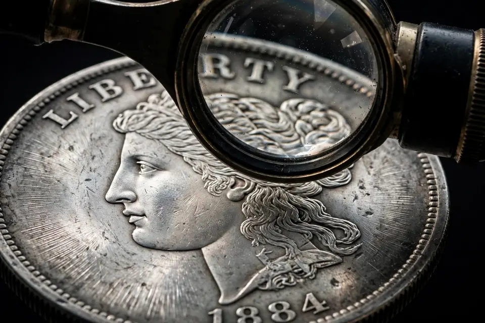 coin grading scale — silver dollar surface under magnification showing cartwheel luster and light wear on the high points