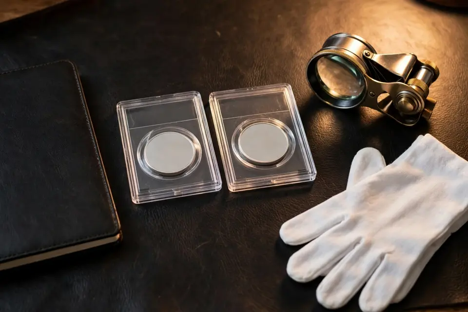 how to grade a coin — grading desk with slabbed graded coins, a loupe, and cotton gloves for at-home grading