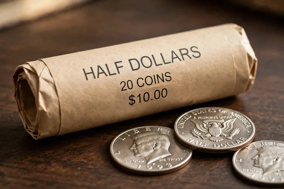 how many half dollars in a roll — bank-wrapped roll of half dollars in a tan paper wrapper beside loose Kennedy half dollars