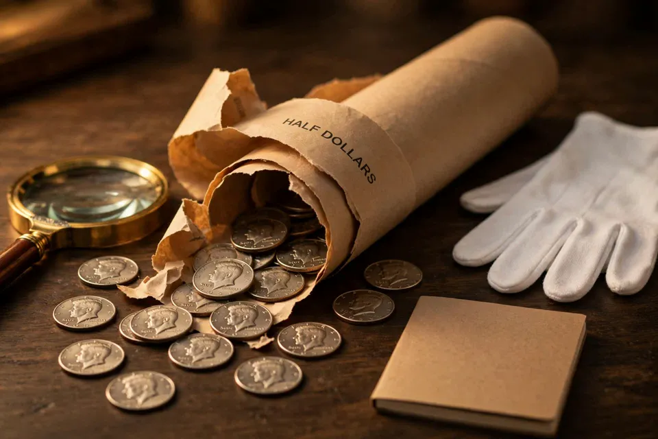 collector desk with an opened tan half-dollar roll, magnifier, gloves, and loose Kennedy half dollars