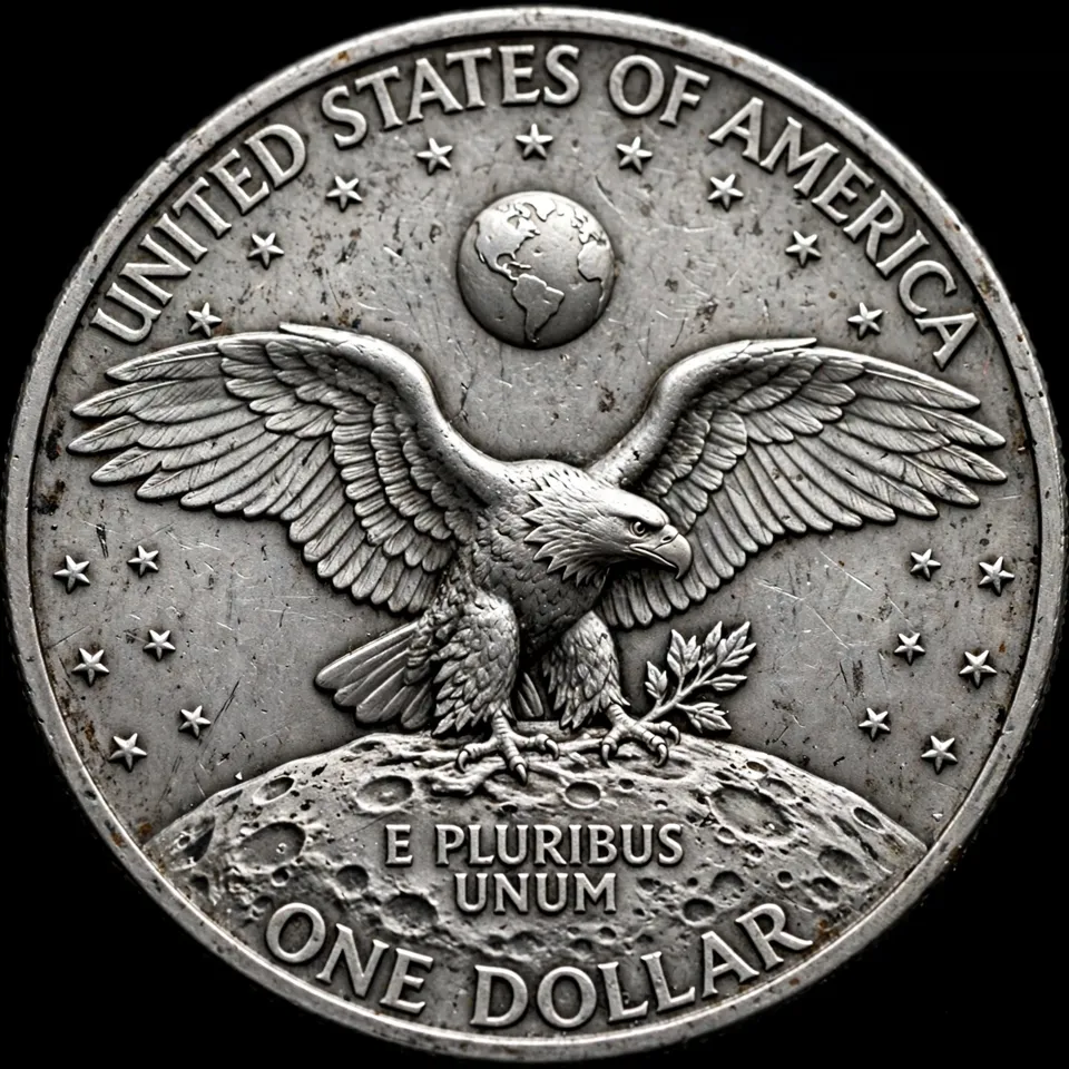 Eisenhower dollar reverse close-up — eagle landing on the moon with the Earth above and ONE DOLLAR legend